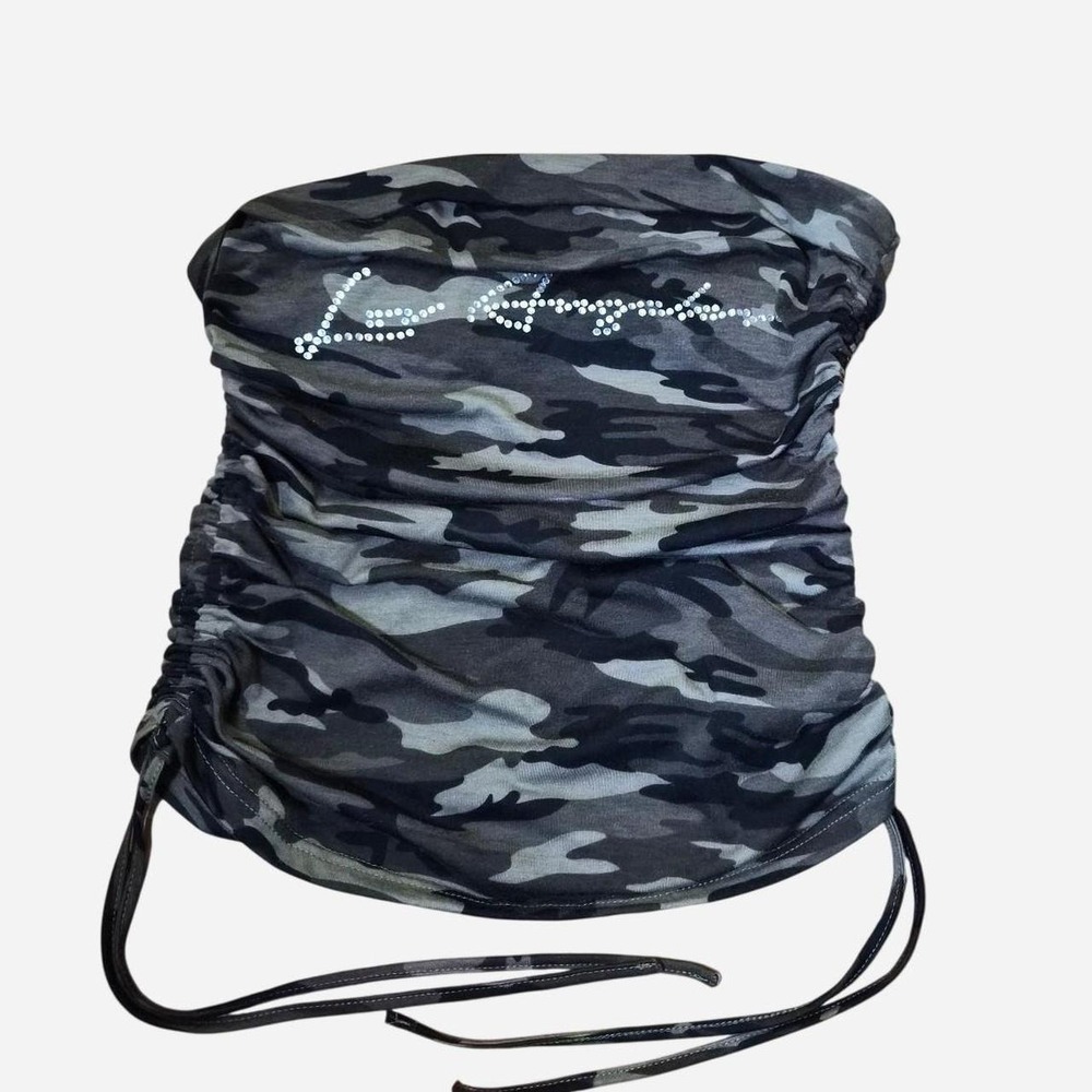 camo tube top with "los angeles" rhinestone graphic